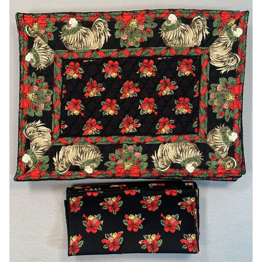 Vera Bradley Retired Christmas Holly Hen Reversible Set 8 Placemats & 8 Napkins